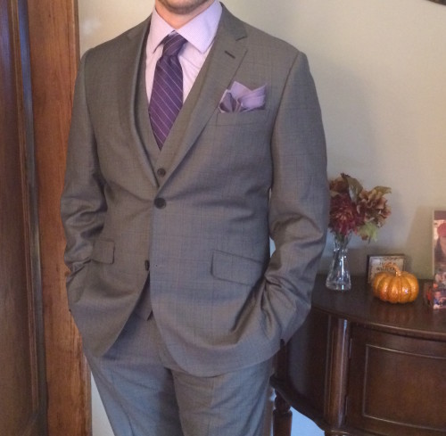 Gray windowpane bespoke suit from black lapel