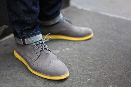 Suede Grey Wingtips With Yellow Accent